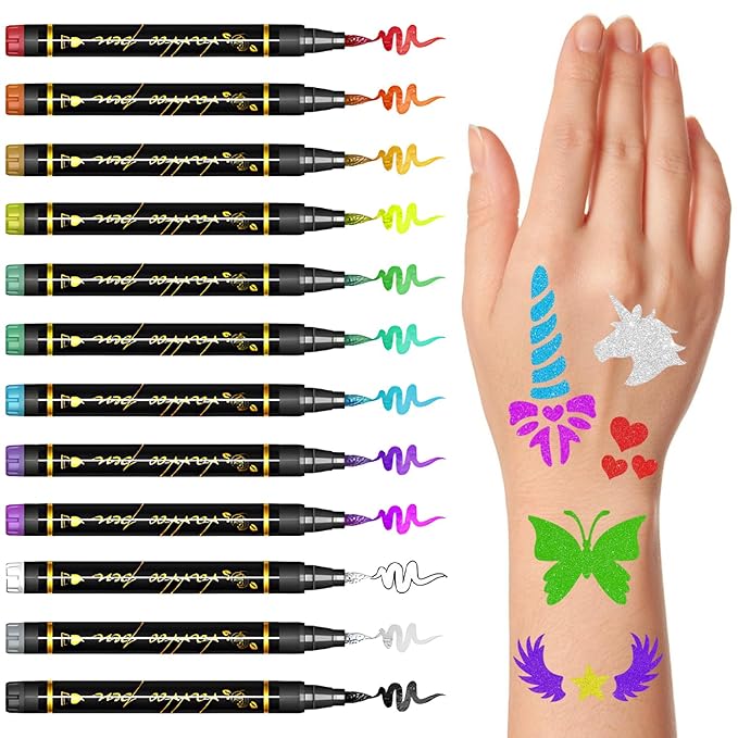 Temporary Tattoo Markers for Skin, 12 Metallic Markers Assorted Colors + 160 Tattoo Stencils for Kids Adults Women Men Body Marker Set