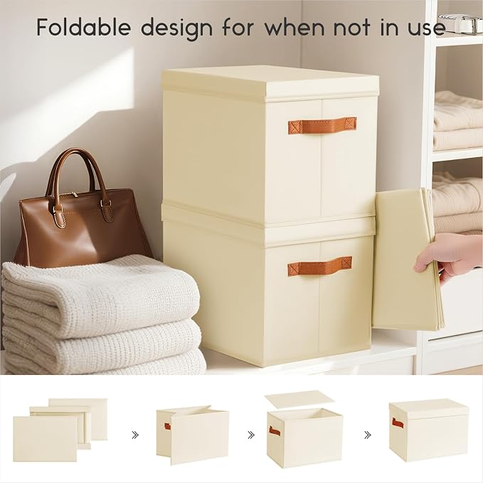 Storage Bins with Lids - Large Fabric Closet Bins with Lid, 8 Pack Clothes Organizers and Storage, Collapsible Stackable Cube Basket for Home, Office, Dorm, Beige