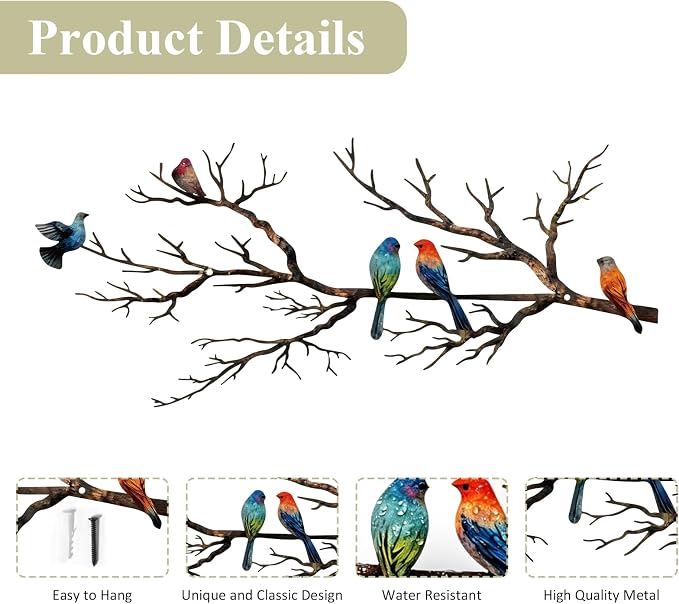 ESTART Metal Birds Wall Art, Metal Vivid Birds on Branch Silhouette Wall Decor Black Leaves with Bird Outdoor Hanging Wall Sculpture for Home Balcony Garden (Classic Color, Small)