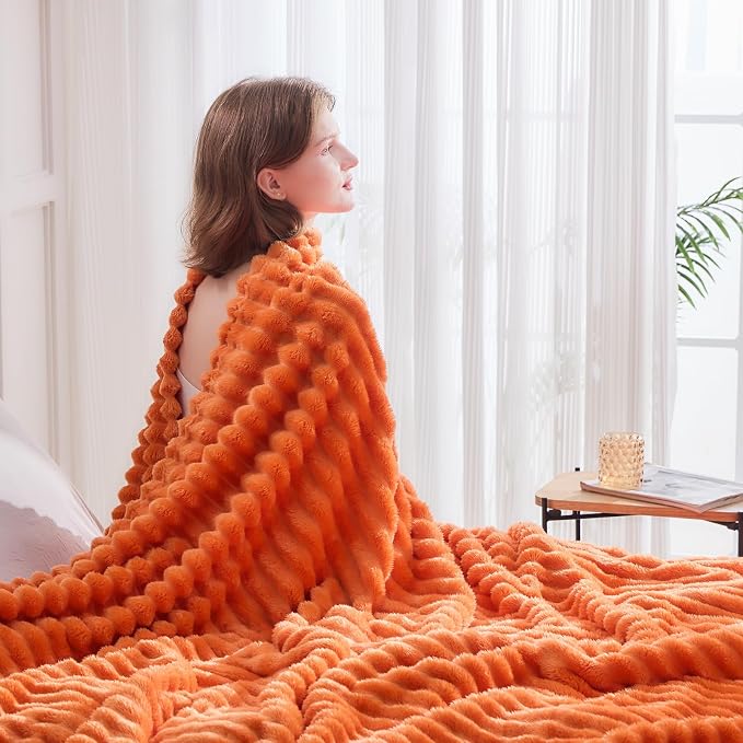 NEWCOSPLAY Fleece Ribbed Cozy Twin Blanket for Couch, Orange, 60"x80" | Premium Silky Flannel Blanket, Soft Lightweight Fluffy Throw Blanket for Bed Sofa Decor, Gift for All Season Use