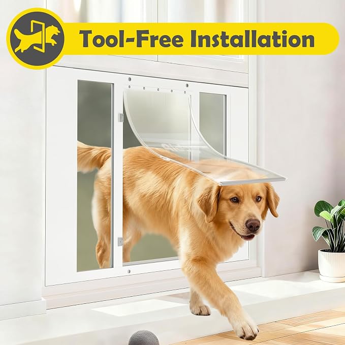 Dog Door for Window, Aluminum Frame Window Pet Door, Adjustable to Fit 27"-32" Width Sliding Windows, Magnetic Closure, Fits Dogs up to 200lb, Extra Large