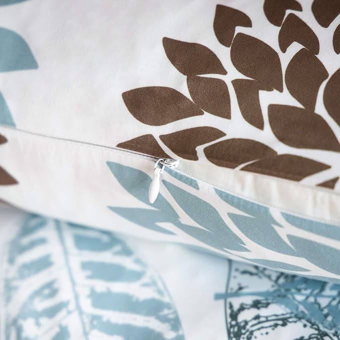 Phantoscope Set of 4 New Living Series Leaf Geometric Blue and Coffee Throw Decorative Pillow Cover Cushion Cover 18 x 18 inches 45 x 45 cm