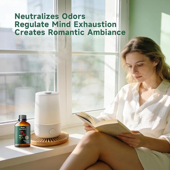 Rose Essential Oil, Floral Scent, Self-Care, DIY & Home, 3.38 Fl Oz | Mumianhua Rose Oil, Steam-Distilled.Romantic Floral. For Skin, Hydration, Radiant Complexion, Hair, Massage & DIY