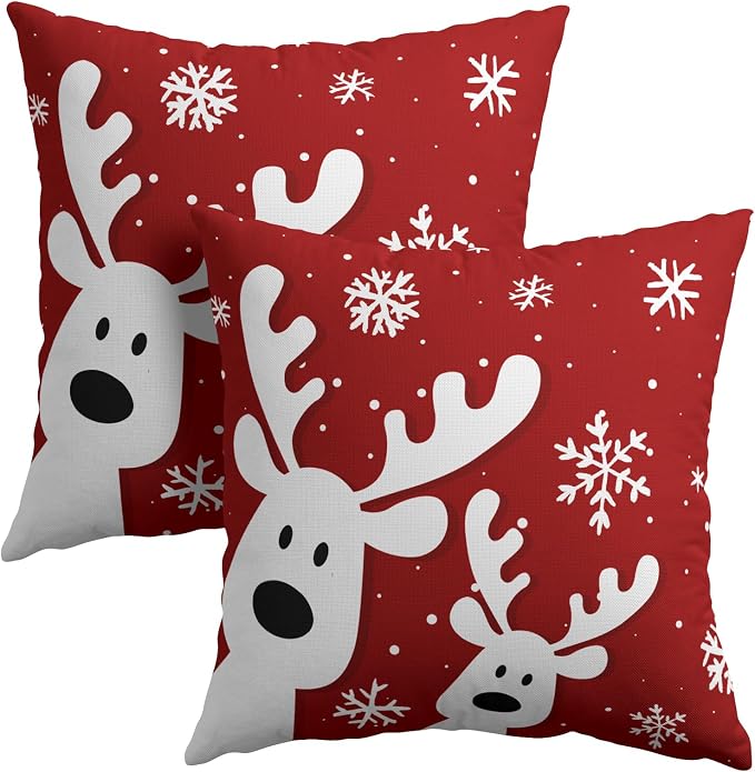 Kawani Christmas Deer Throw Pillow Covers 20x20 Inches, Set of 2 Red Xmas Reindeer Snowflakes Cotton Linen Pillowcase Soft Farmhouse Cushion Case for Couch Sofa Bed Living Room Decor