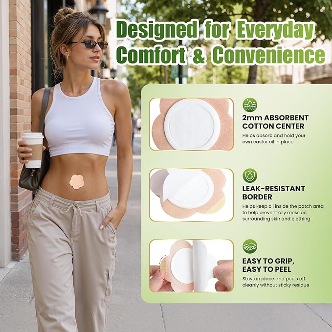 Castor Oil Patches for Belly Button, 50 Pack Disposable Self-Adhesive Patches with Cotton Pads, Leak-Resistant & Breathable Design, Portable, No Washing Needed (Beige)