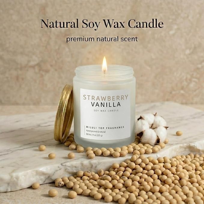 Strawberry Vanilla Scented Candles for Home - 15% Essential Oil Luxury Aromatherapy - Handmade Natural Soy Wax Candle for Relaxation - 9oz Frosted White Jar,50H Clean & Non-Toxic Burn