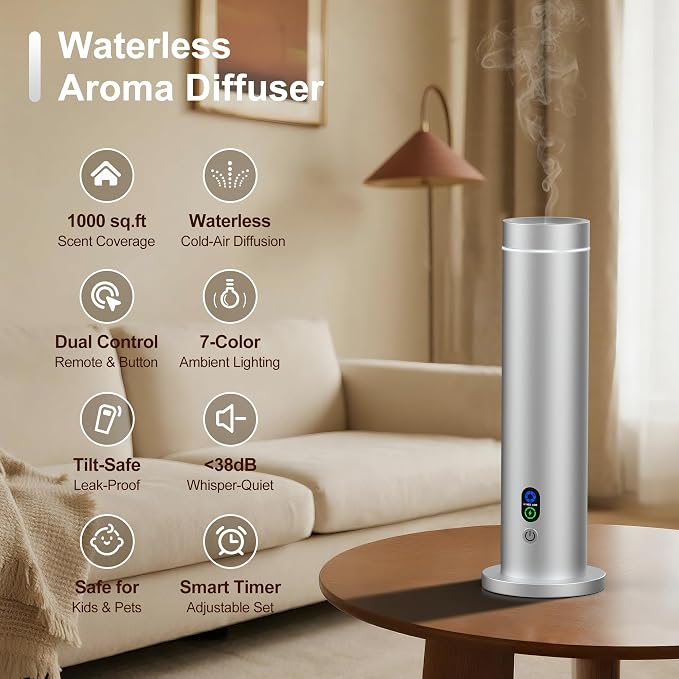 Maromalife Waterless Diffuser, Essential Oil Diffuser, 1000 Sq.Ft Coverage Scent Diffuser – Plug-in Only, Adjustable Mist, Remote, Mood Lights for Home & Office, Large Room, Hotel, Silver
