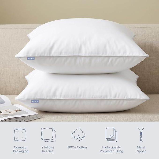 Leeden 14x22 Lumbar Pillow Inserts Set of 2, Decorative Rectangular Throw Pillow Inserts with 100% Cotton Cover, Fluffy Couch Pillows for Sofa, Bed & Home Decor