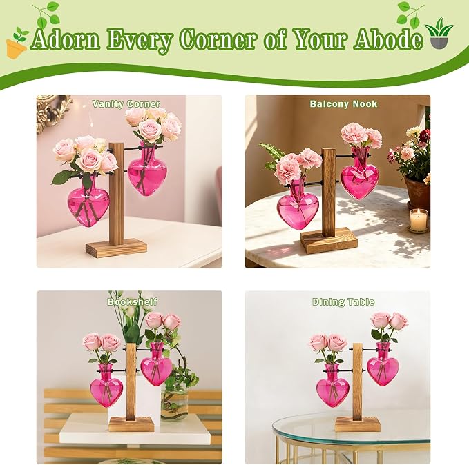 XXXFLOWER Plant Propagation Station Terrarium 2 Pink Heart Shaped Vase | Terrarium Kit Bulb Glass Metal Desk Plant Holder, Retro Air Plants Water Plants, Home Office Decoration