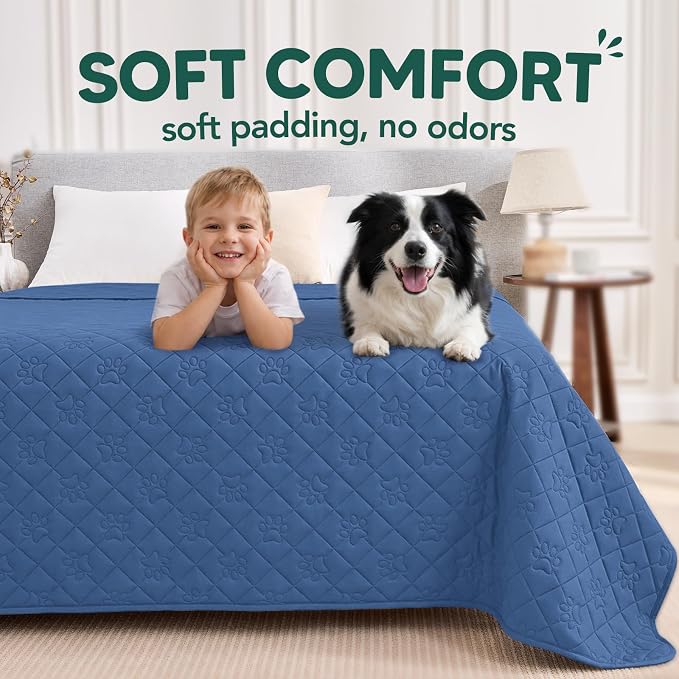 PAWFINITY Waterproof Bed Cover for Dogs, Pet Blanket for Mattress Washable | Paw Print Quilted, Hair Resistant, Anti Cat Scratch, Pee Proof Furniture Protector for Bed, Couch and Sofa, 52x82 Inch, Blue