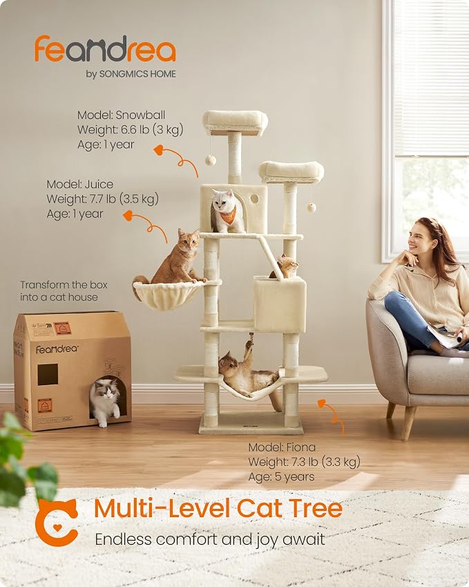 Feandrea Cat Tree, 66.1-Inch Large Cat Tower, Multi-Level Plush Condo with 13 Scratching Posts, 2 Perches, 2 Caves, Basket, Hammock, Pompoms, Beige UPCT165M01
