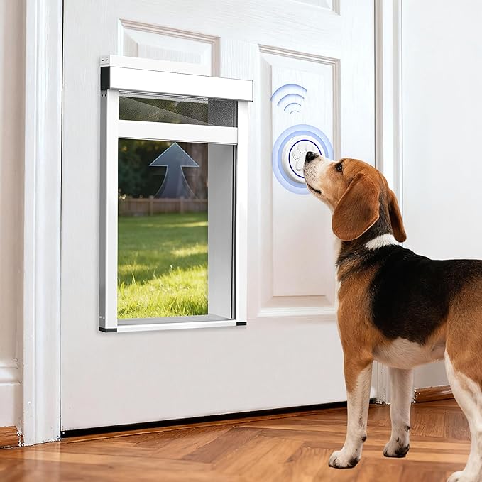 Automatic Dog Door with Doorbell Activation, 2-Flap Electronic Smart Pet Door with Anti-Pinch, No Collar Needed, Aluminum Lockable Weatherproof Telescoping Tunnel for Pets (Medium, Door Mount) | 4 Modes,Electronic Pet Door with Anti-Pinch, Aluminum,Pet...