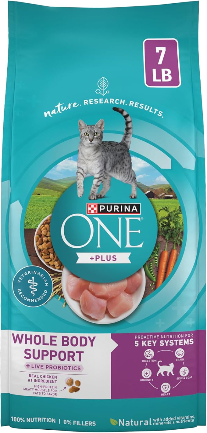 Purina ONE Plus Whole Body Support Chicken Dry Cat Food 7 lb Bag | High protein cat food with live probiotics, taurine, vitamin E, choline and omega-6 fatty acids for whole body support