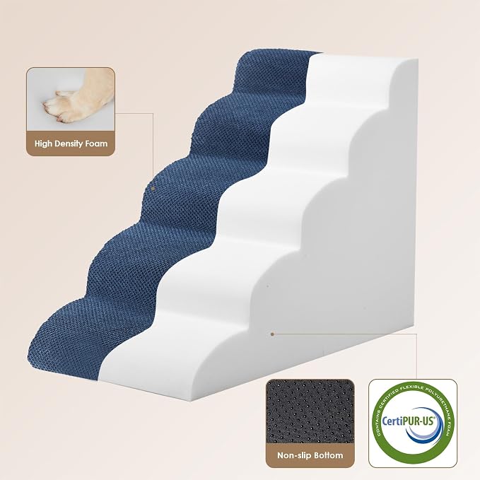 EHEYCIGA Curved Dog Stairs Ramp, 5-Step High Beds, 22.6" H Pet Step | 33D density of pure foam, for Small Dogs and Cats, Pet Stairs for High Bed Climbing, Non-Slip Balanced Indoor, Navy