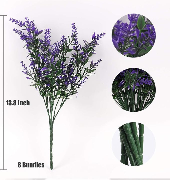 RECUTMS Artificial Greenery Lavender Fake Shrubs Flowers 8 Pcs UV Resistant | Faux Purple Flowers Spring For Outdoor Hanging Planter Flora Fence Indoor Fall Decor Wedding Table Arrangement Bouquet Filler