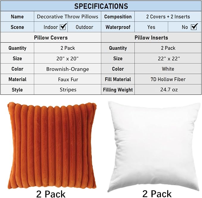Decorative Throw Pillow with Inserts, Set of 2 Soft Faux Fur Throw Pillows, Square Boho Striped Pillow for Couch, Bed, Sofa Decor (Brownish-Orange, 20" x 20"(Pack of 2))