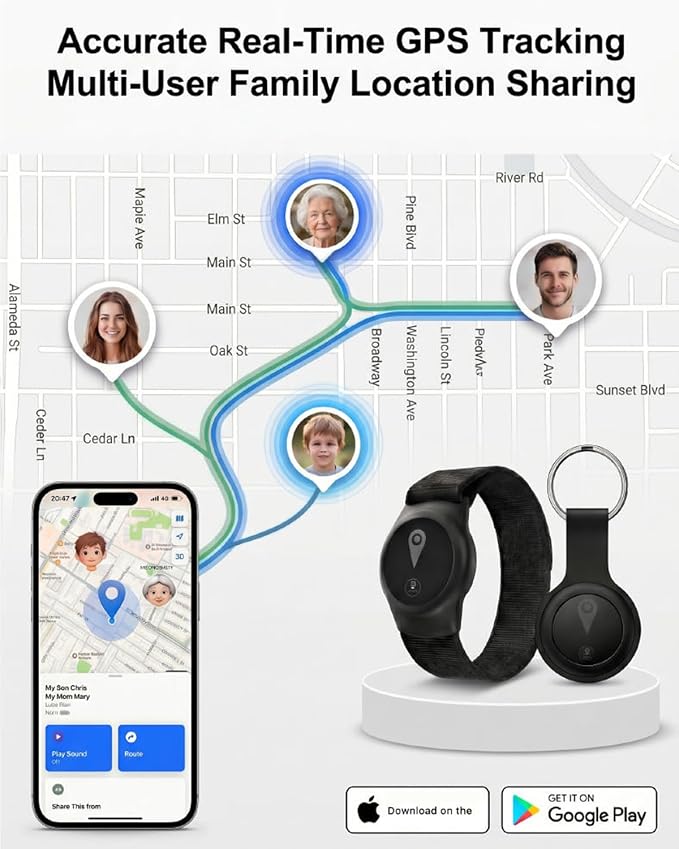GPS Tracker for Kids, Smart Kids Tracker with Real-Time Location, for Android and iPhone No Monthly Fee & No SIM Card- Wearable Wristband & Keychain Design, IP68 Waterproof,Indoor & Outdoor Safety Use