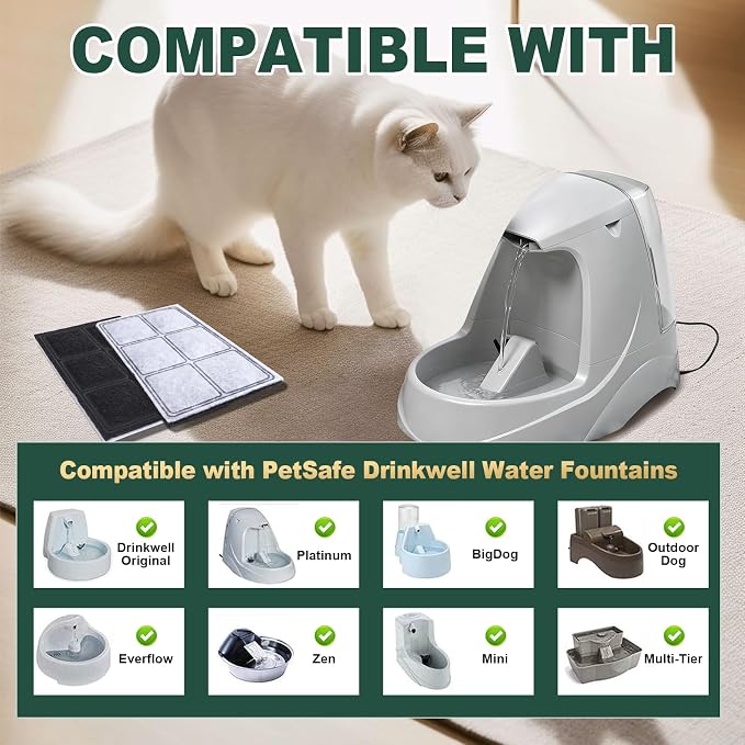 8+2Pack Replacement Carbon Filters Compatible with PetSafe Drinkwell Platinum, Original, Multi-Tier, Outdoor Dog, Everflow, Zen & Mini Pet Fountains – Activated Carbon Water Filtration for Cats & Dogs