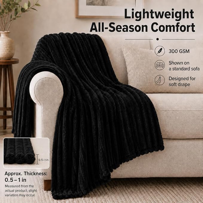 HIMEET Black Oversized Throw Blanket, 300GSM Ribbed Fleece, 50 x 70 Inches | Ultra Soft Flannel, All-Season Lightweight Warmth, Extra Coverage for Couch Lounging, Home Room Decor, Machine Washable