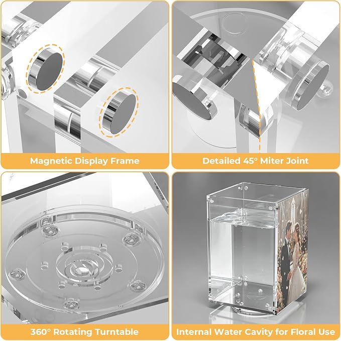 Rotating Acrylic Decorative Box for Table, 360° Acrylic Vase with 4 Sided Clear 4x6 Inch Picture Frame Photo Display Holder Table Numbers for Wedding Party, Replaceable Menu Holder for Restaurant