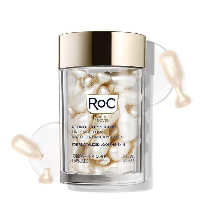RoC Retinol Correxion Anti-Aging Wrinkle Night Serum, Retinol Serum for Face, Daily Treatment for Fine Lines, Post Acne Scars, 30 Capsules, Unscented, 0.35 Fl Oz