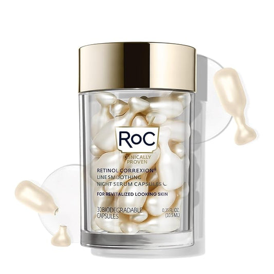 RoC Retinol Correxion Anti-Aging Wrinkle Night Serum, Retinol Serum for Face, Daily Treatment for Fine Lines, Post Acne Scars, 30 Capsules, Unscented, 0.35 Fl Oz