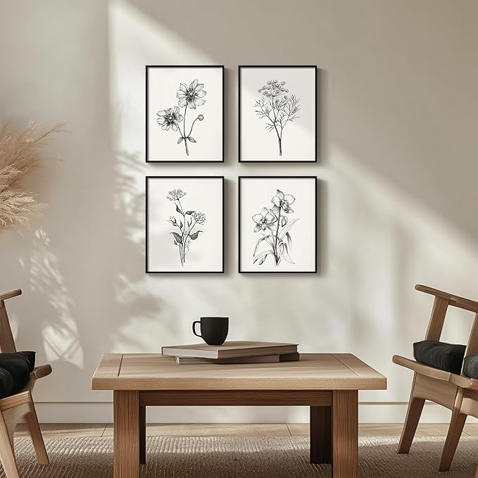 Framed Black and White Minimalist Floral Bathroom Wall Art, 4 Piece 8x10 In | Modern farmhouse wall decor, Flower botanical pictures, Waterproof canvas prints, Living room kitchen hallway bedroom decor