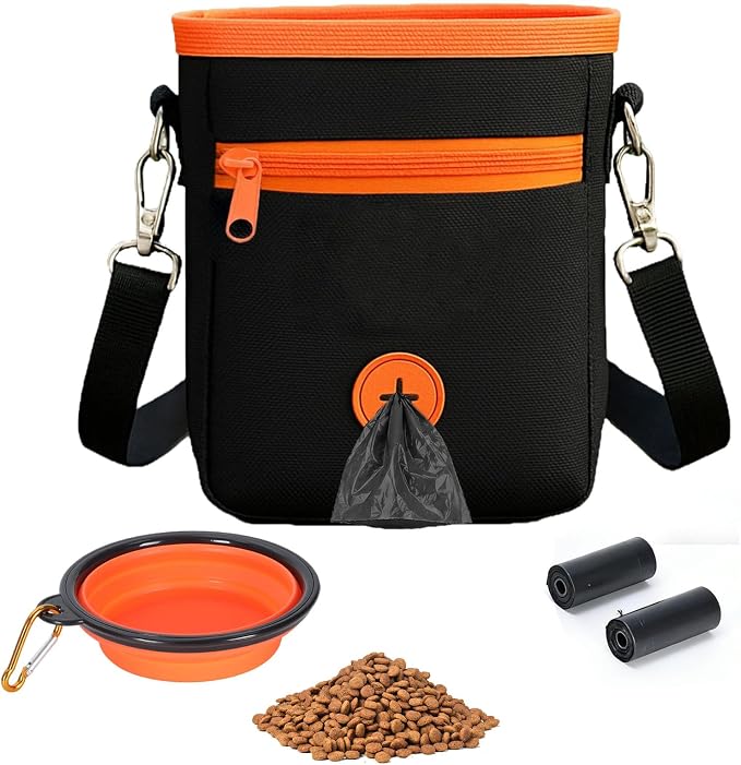 Dog Treat Pouch for Training, 2 Cup Dog Food Storage Bag with Poop Bag Dispenser, Collapsible Bowl, Adjustable Shoulder Strap, Kibble Carrier for Walking Hiking Camping, Orange Black