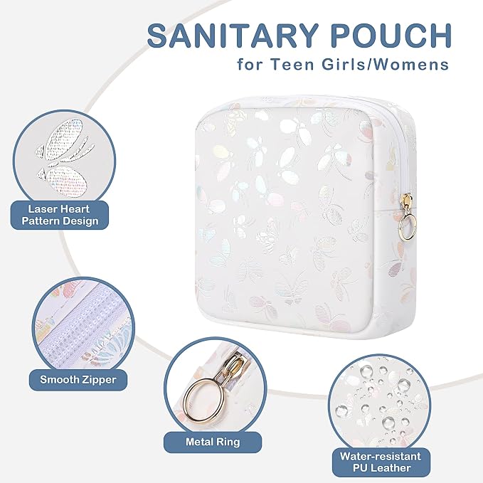 Likesing Period Bag Pouch, Leather Sanitary Napkin Storage Bag for Girls Womens, Portable Sanitary Napkin Period Pad Pouch Bag for Purse, Small Make Up Bags(Pink Butterflies)
