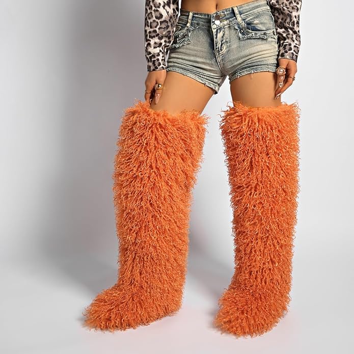 SWEETHEART BEAUTY Thigh High Shagy Teddy Fur Boots, 29 Inch Over the Knee Length Fluffy High Boots, Tall Furry Shoes For Women