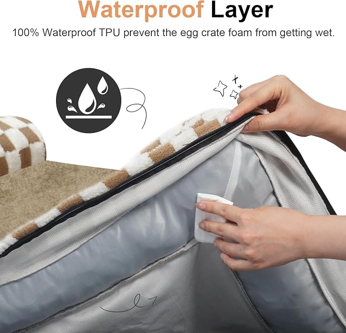Orthopedic Dog Bed for Large Dogs, 36 x 27 Inch, Brown Grid | Egg crate foam for joint support, 3-sided bolster pet sofa, waterproof lining, washable cover, and non-skid base