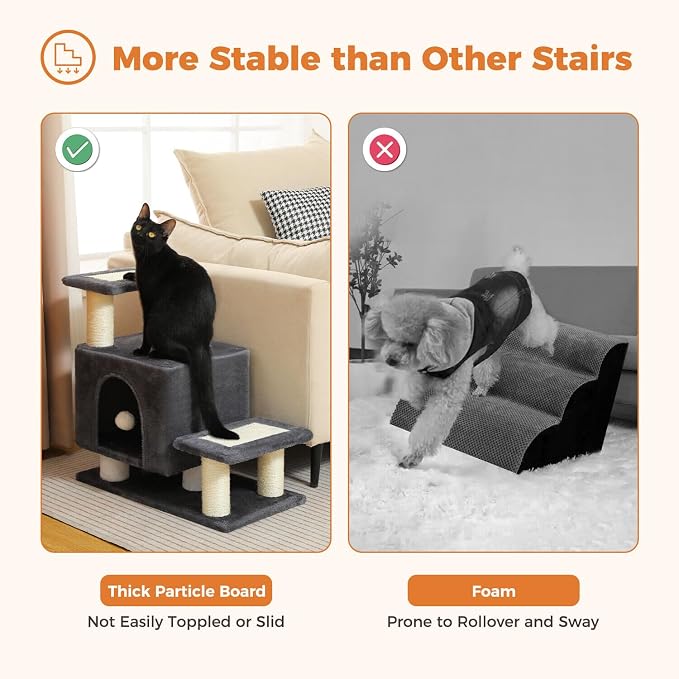 3-in-1 Cat Stairs with Scratching Post & Condo, Pet Steps, Dark Grey | Pet Steps for High Beds, Sofa, Couch, Tall Cat Tower, High-Strength Boards for Indoor Small Cats Kittens Dogs Climbing Play