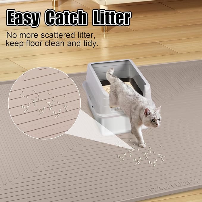 Silicone Cat Litter Mat 50" x 36" Cat Mat for Litter Box, Khaki | Extra Large Cat Litter Trapping Mat for Floor, Waterproof, Non-Slip Kitty Litter Box Mat with Raised Edge, Easy to Clean