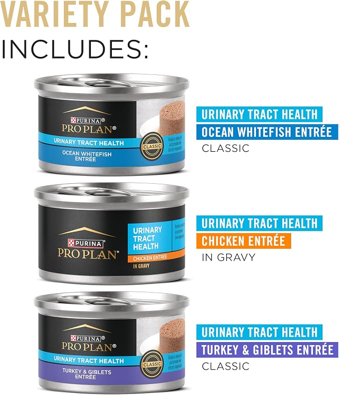 Purina Pro Plan Urinary Tract Wet Cat Food Variety Pack, (24) 3 oz Cans | Urinary Tract Health Ocean Whitefish, Chicken, and Turkey & Giblets Entrees, high protein cat food