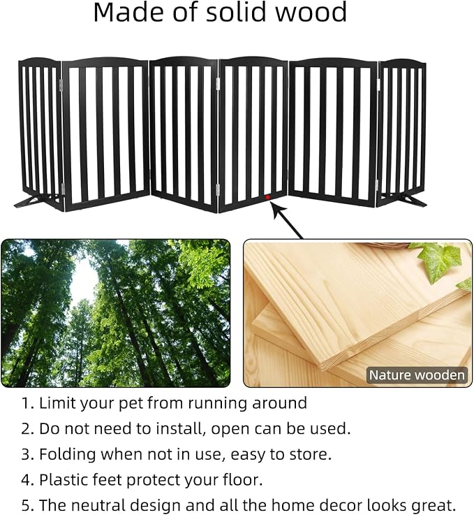 ZJSF Foldable Freestanding Indoor Dog Gate for House Wood Long Pet Gates Dog Fence for Stairs Puppy Gates for Hallways, Puppy Gate,Support Feet Included, Black, 32 "Height-6 Panels