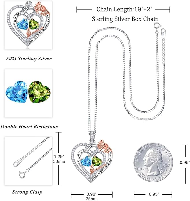 Iefil Valentines Day Gifts for Her Wife - 925 Sterling Silver Double Birthstone Necklace, Anniversary Birthday Gifts for Women, Jewelry Gift for Wife Girlfriend Mom Her