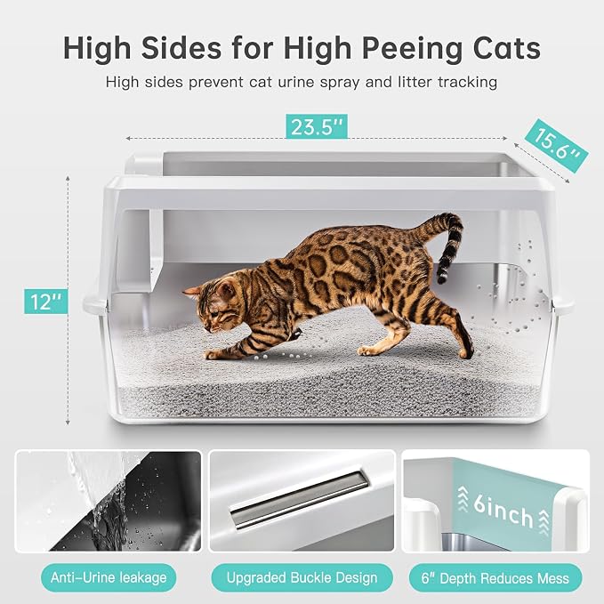 Stainless Steel Cat Litter Box, XL High Sided Open Top Pan with Scoop | XL for Big Cats, Non-Stick Odor-Free, 20L 30-Day Use Easy Clean, High Sides Block Spray & Tracking, Durable 3-5Yrs