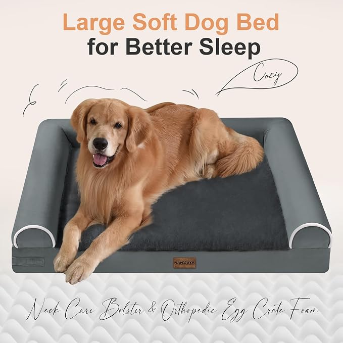 Orthopedic Dog Bed for Jumbo Dogs, 48 x 33 Inch, Dark Grey | Egg crate foam for joint support, 3-sided bolster pet sofa, waterproof lining, washable cover, and non-skid base