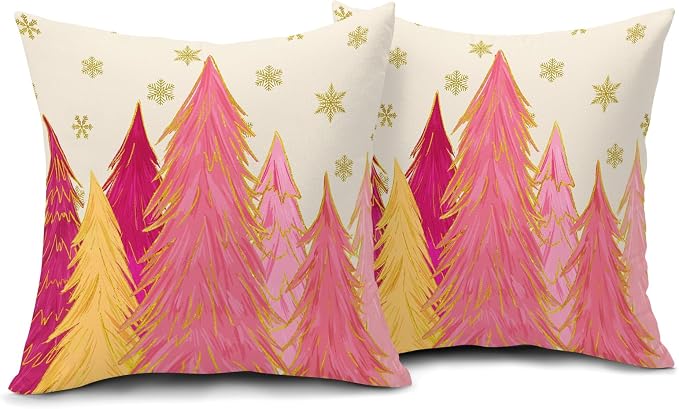 Christmas Pillow Covers 22X22 Inch Set of 2 Hot Pink Xmas Trees Decorative Pillow Cases Golden Snowflakes Cotton Linen Cushion Case Farmhouse Winter Holiday Home Decor for Sofa Couch Bedroom
