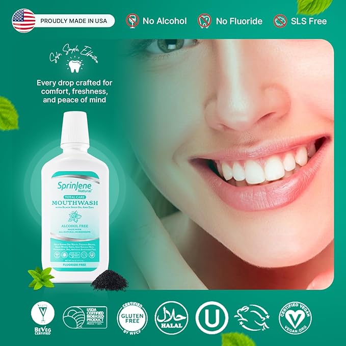 SprinJene Alcohol Free Mouthwash with Xylitol – Fluoride Free Natural Mouthwash for Dry Mouth, Whitening & Fresh Breath – Patented Black Seed Oil & Zinc Formula – Vegan & Made in The USA (1 Pack)