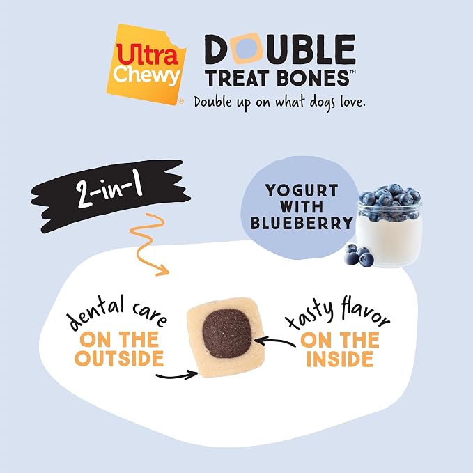 Ultra Chewy 3 Flavor Yogurt Double Treat Bones, Strawberry Blueberry Banana | Long-Lasting, Made in USA, Large and Small Breeds, Highly Digestible, 12 Count