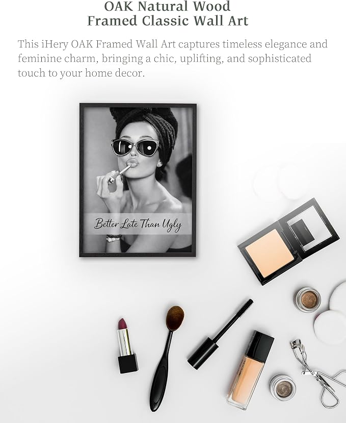 iHery 8x10in Audrey Hepburn Better Late Than Ugly Framed Bathroom Art | Black OAK Wood Frame with Canvas Print, Vintage Makeup Decor for Bathroom, Bedroom, Vanity Room and Living Room, 1Pack