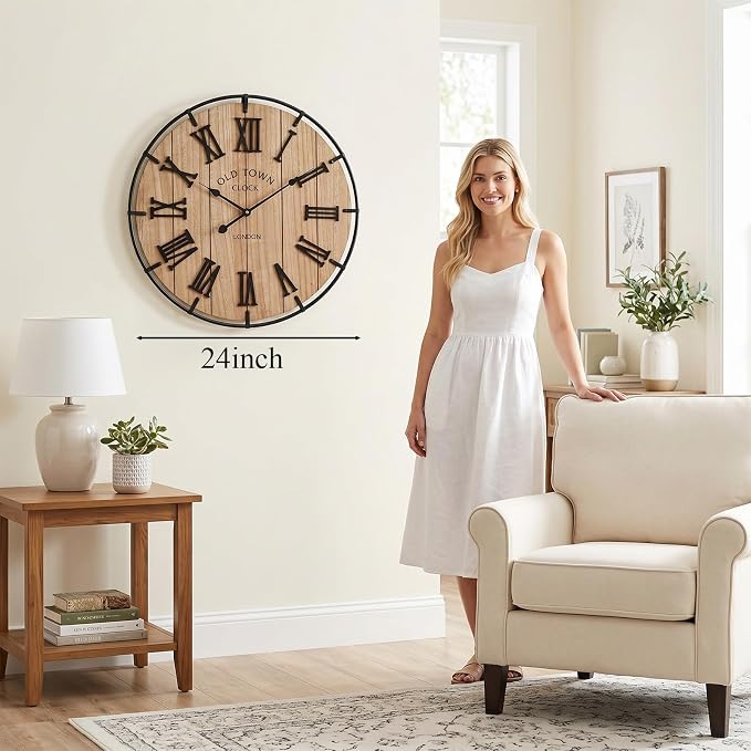 EMAX HOME 24 Inch Large Farmhouse Wall Clock, Natural Wood Grain Face with Black Metal Frame, Silent Non-Ticking Quartz Movement, Vintage Wall Decor for Living Room, Bedroom, Dining Room