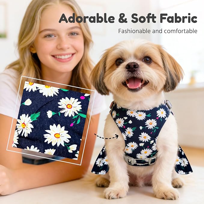 BAEJMJK Dog Dress Bowknot Harness Leash Set for Small Dogs Cats Daisy Floral Girl Dog Dresses Cute Puppy Princess Clothes Pet Doggy Outfits Spring Summer Breathable Dresses (Large, Navy Blue)