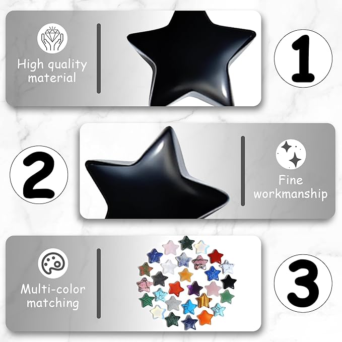 QINJIEJIE 20 PCS Black Obsidian Crystal Star Healing Stones Mini Crystals Cute Polished Pocket Stone Thumb Star Gemstones Set Bulk Wholesale Reiki Energy Balancing Halloween Witchcrafts Decor