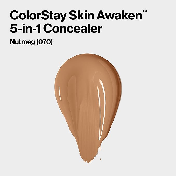 Revlon ColorStay Skin Awaken 5-in-1 Concealer, Lightweight, Creamy Longlasting Face Makeup with Caffeine & Vitamin C, For Imperfections, Dark Circles & Redness, 070 Nutmeg, 0.27 Fl Oz