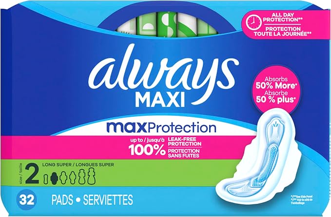 Always Maxi Feminine Pads with Wings for Women, Size 2, Long Super Absorbency, Unscented, 192 Count (6 Packs of 32)