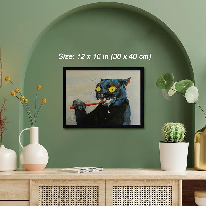 ICHZUMW Framed Funny Black Cat Bathroom Decor Canvas Wall Art, 12x16 Inches | Quirky Black Cat Brushing Teeth Painting, Humorous Bathroom Wall Decor, Restroom Powder Room, Fade Resistant, Ready to Hang