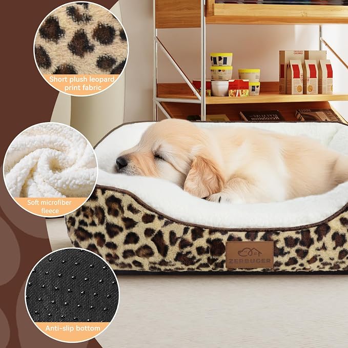 Zerbuger 25in Leopard Rectangle Cat Dog Bed Machine Washable Sleeping Sofa | for Large Medium Small Pets Indoor Outdoor, Non-Slip Bottom Soft Puppy Bed Durable Orthopedic Calming Pet Cuddler
