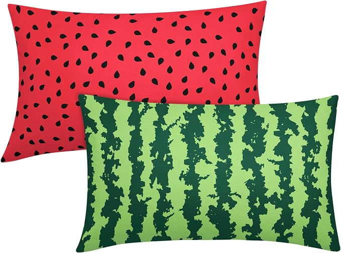 Watermelon Lumbar Pillow Covers 12X20 Inch Set of 2 Summer Fruits Decorative Pillow Cases Green Red Stripes Cotton Linen Cushion Case Farmhouse Modern Home Decor for Sofa Couch Bedroom